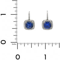 Platinum Cushion Cut Blue Sapphire and Round Diamond Halo Drop Earrings