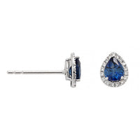 14K White Gold Pear Shaped Sapphire and Diamond Halo Stud Earrings