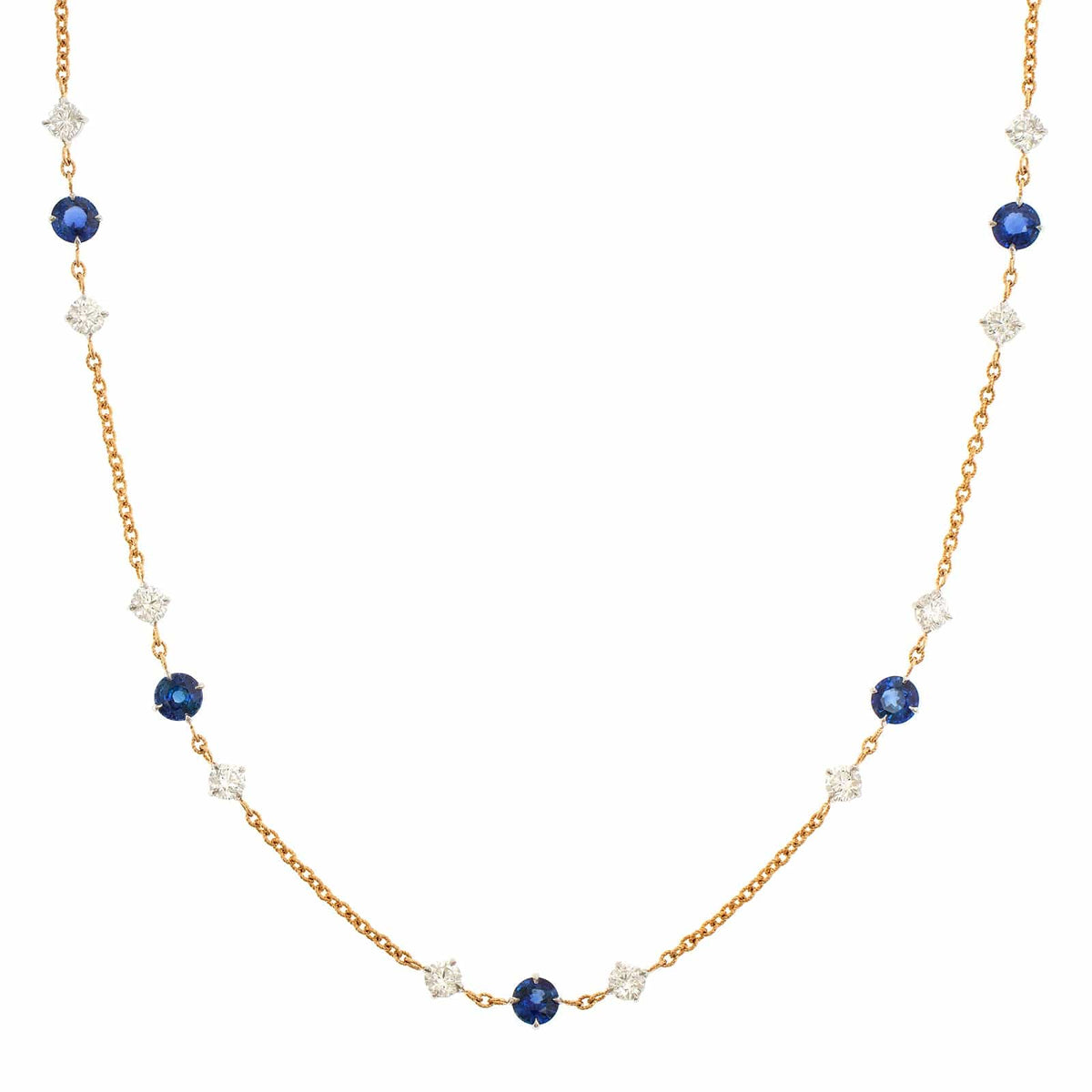 18K Yellow Gold Round Sapphire and Diamond By The Yard Necklace