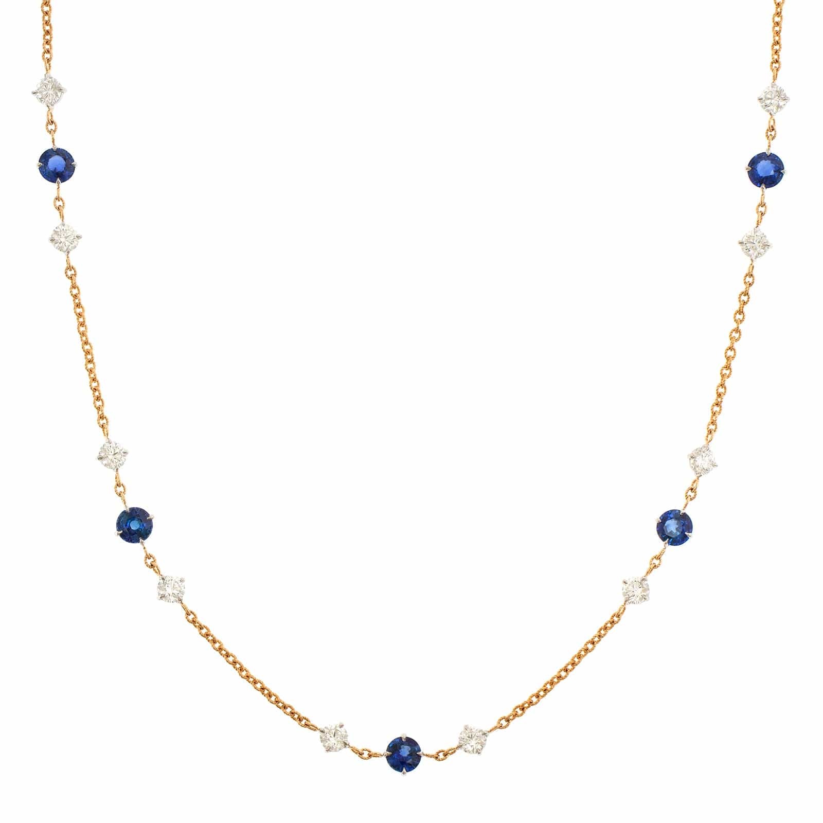 18K Yellow Gold Round Sapphire and Diamond By The Yard Necklace
