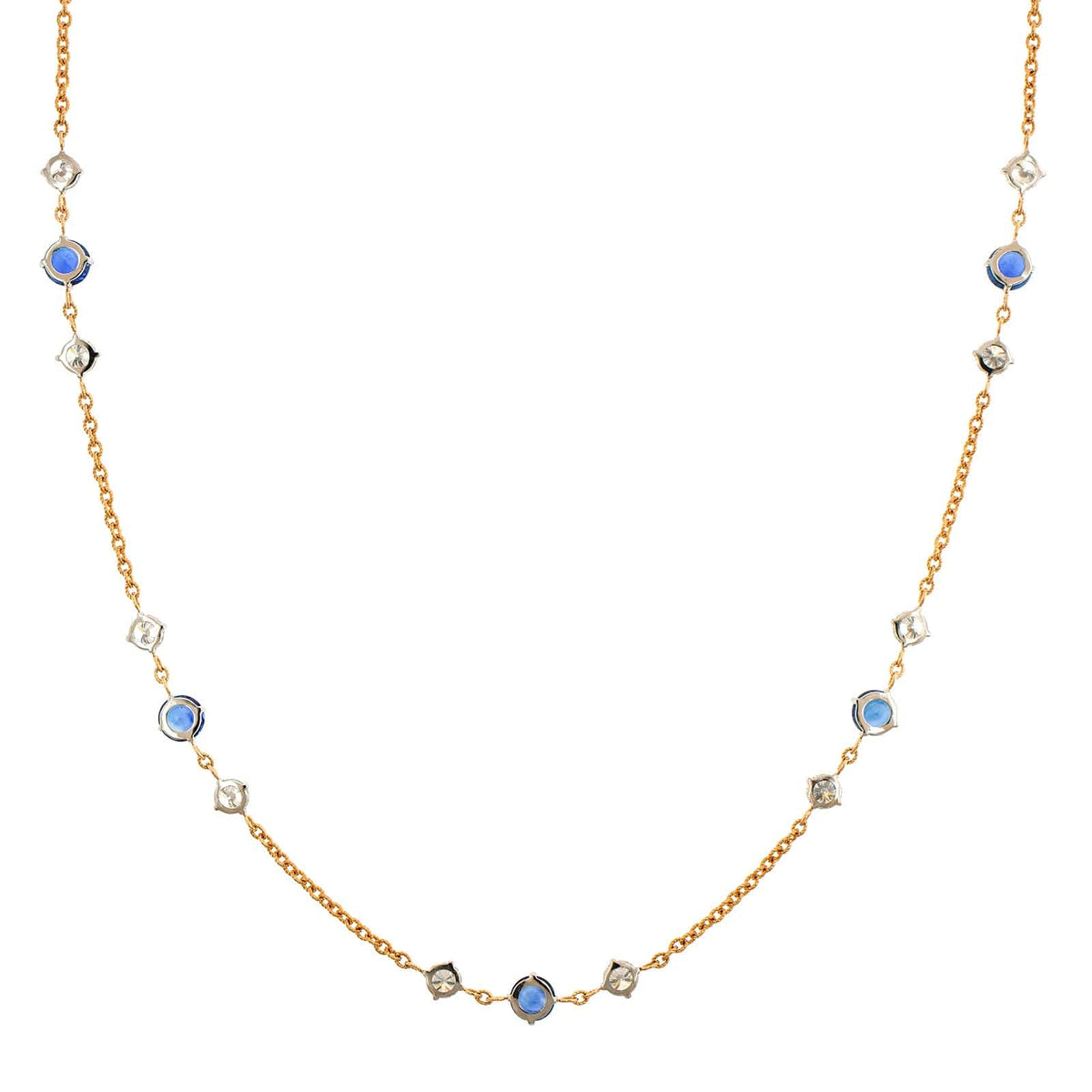 18K Yellow Gold Round Sapphire and Diamond By The Yard Necklace