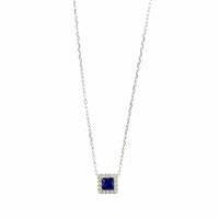 14K White Gold Princess Cut Blue Sapphire and Diamond Necklace