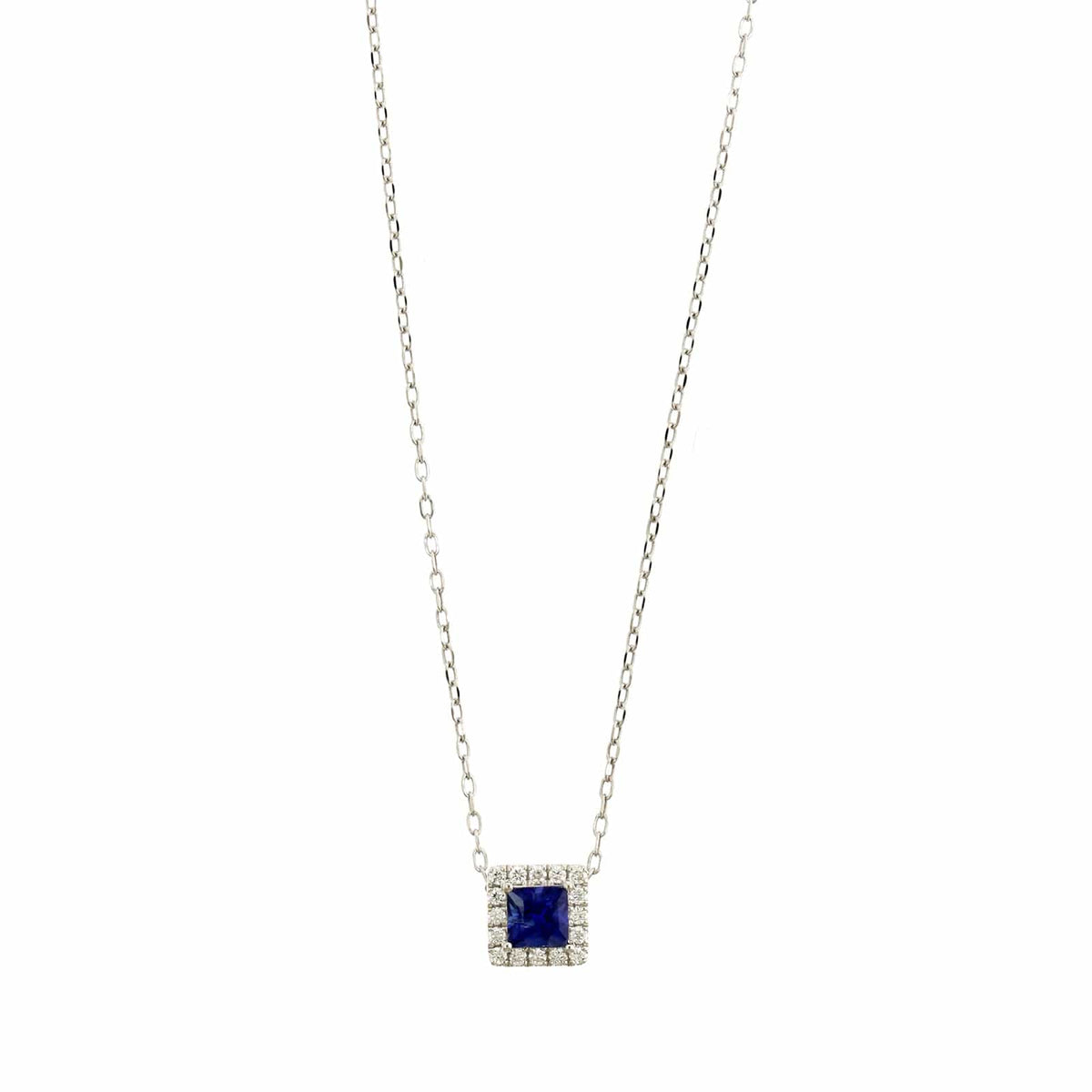 14K White Gold Princess Cut Blue Sapphire and Diamond Necklace