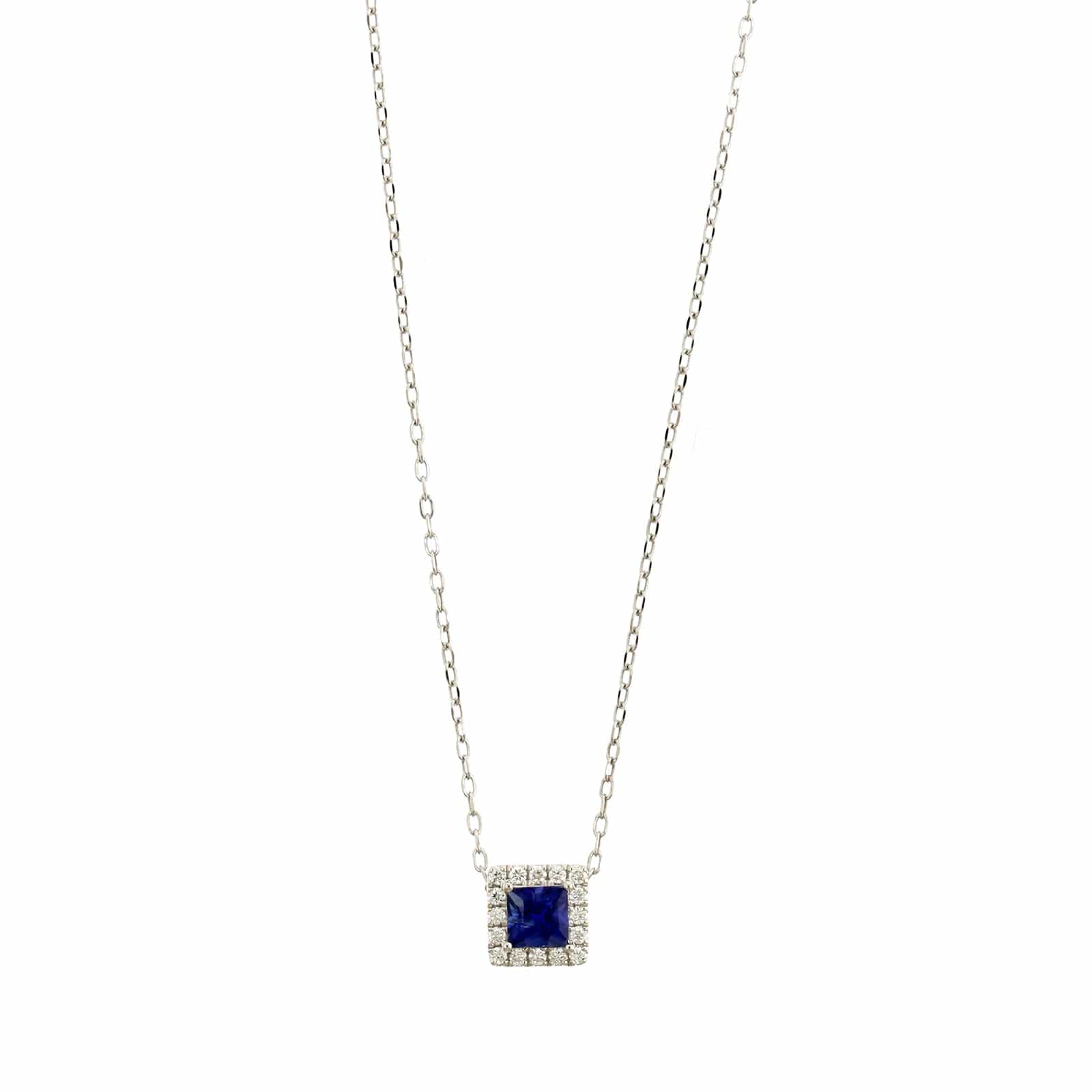 14K White Gold Princess Cut Blue Sapphire and Diamond Necklace