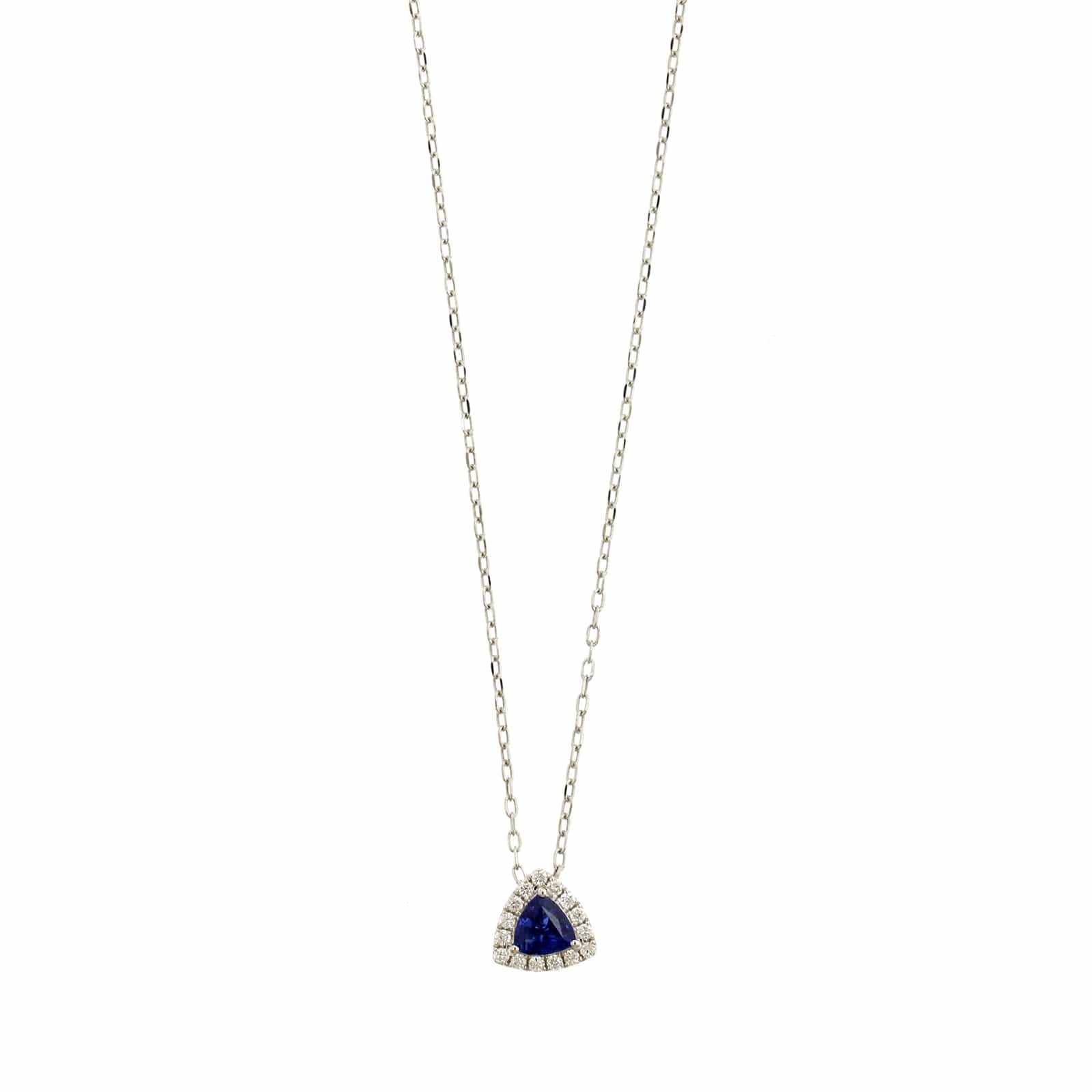 14K White Gold Trillion Cut Blue Sapphire and Diamond Necklace