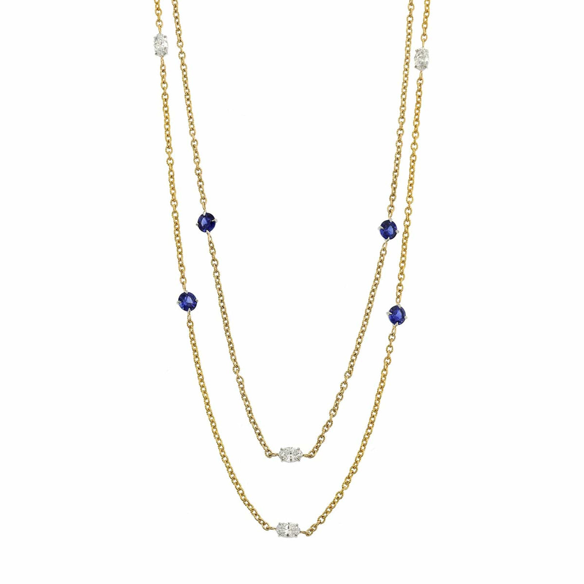 18K Yellow Gold Round Sapphire and Oval Diamond By The Yard Necklace