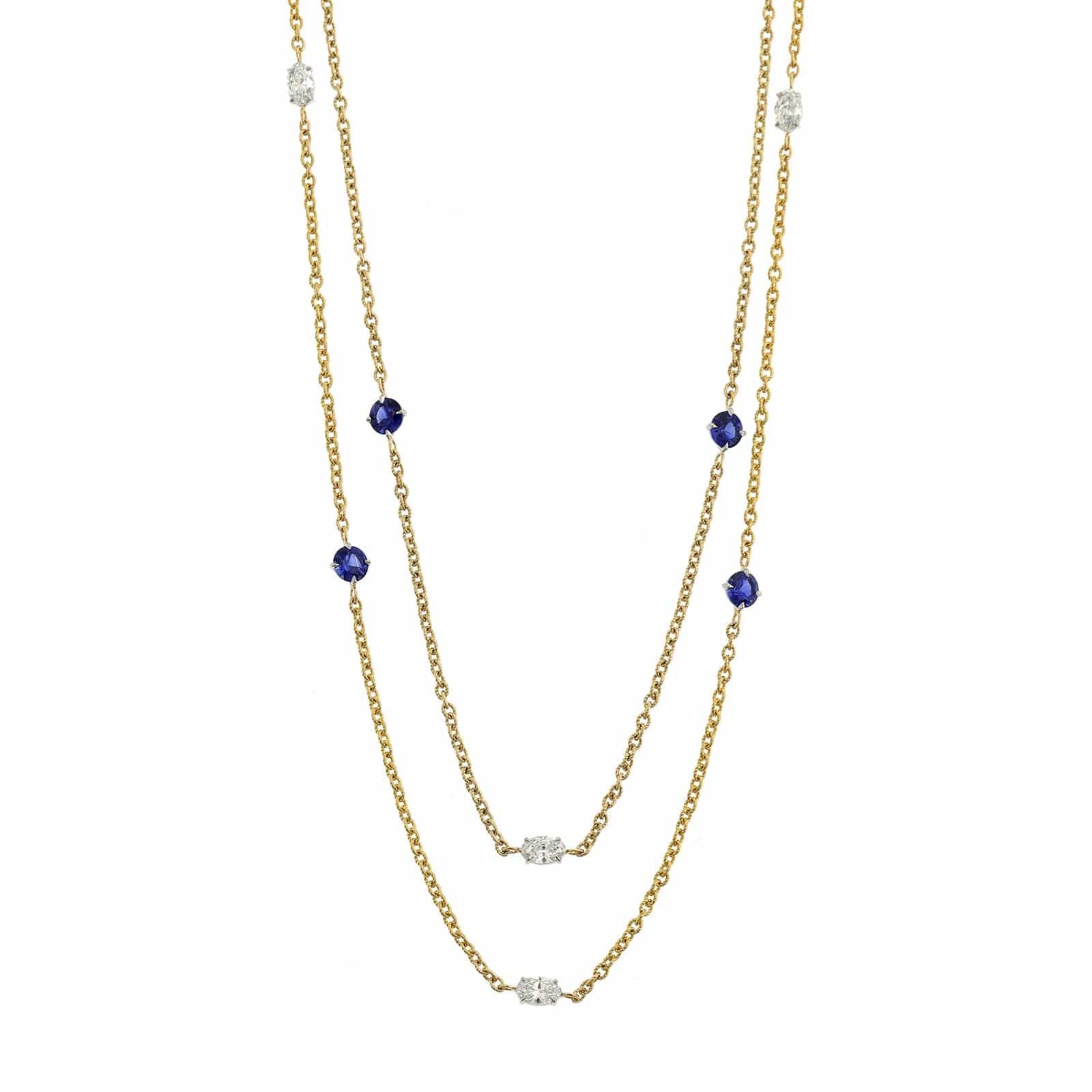 18K Yellow Gold Round Sapphire and Oval Diamond By The Yard Necklace