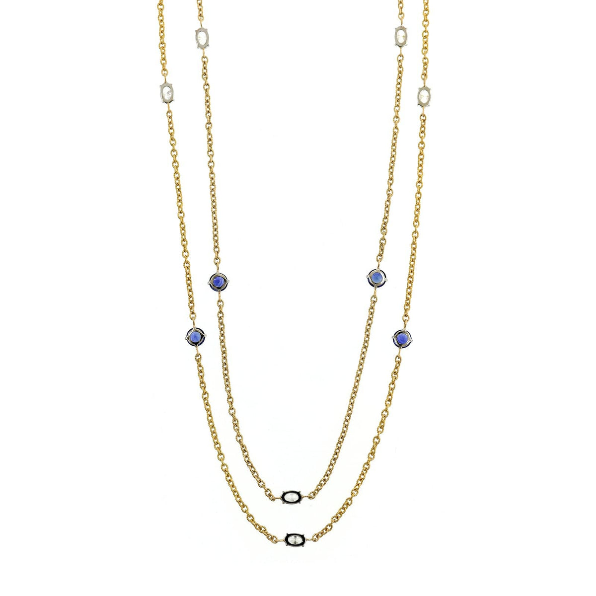 18K Yellow Gold Round Sapphire and Oval Diamond By The Yard Necklace