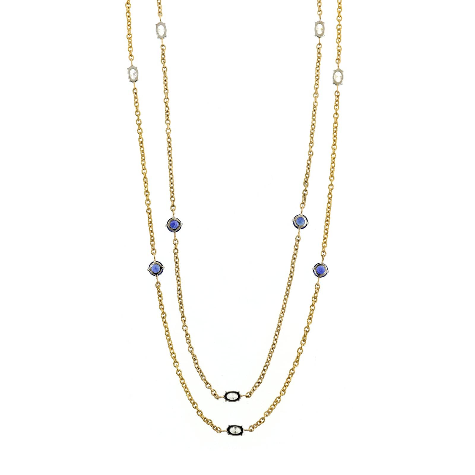 18K Yellow Gold Round Sapphire and Oval Diamond By The Yard Necklace