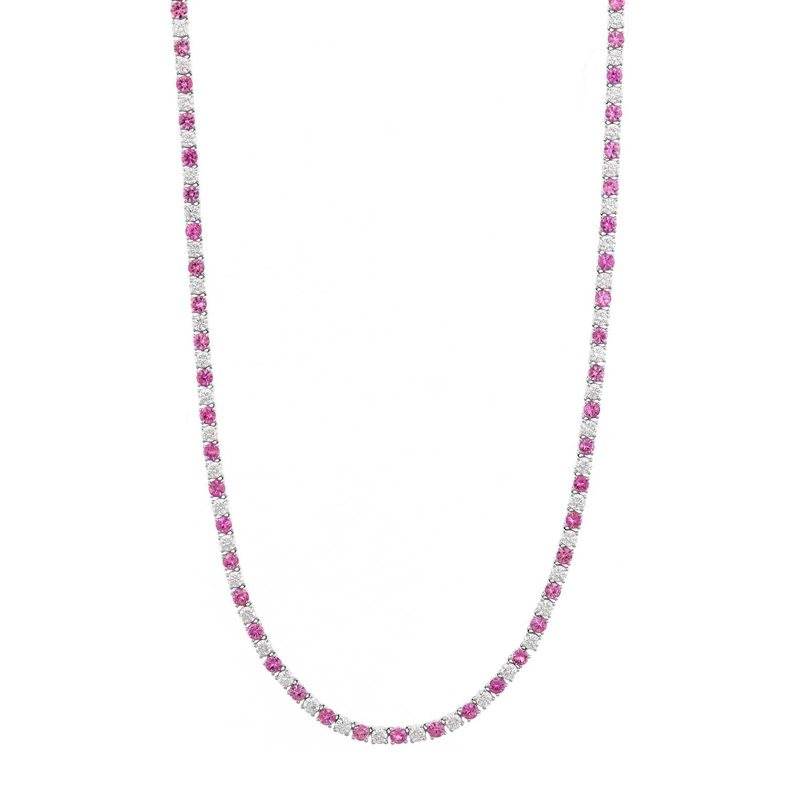 18K White Gold Alternating Round Pink Sapphire and Diamond Tennis Necklace