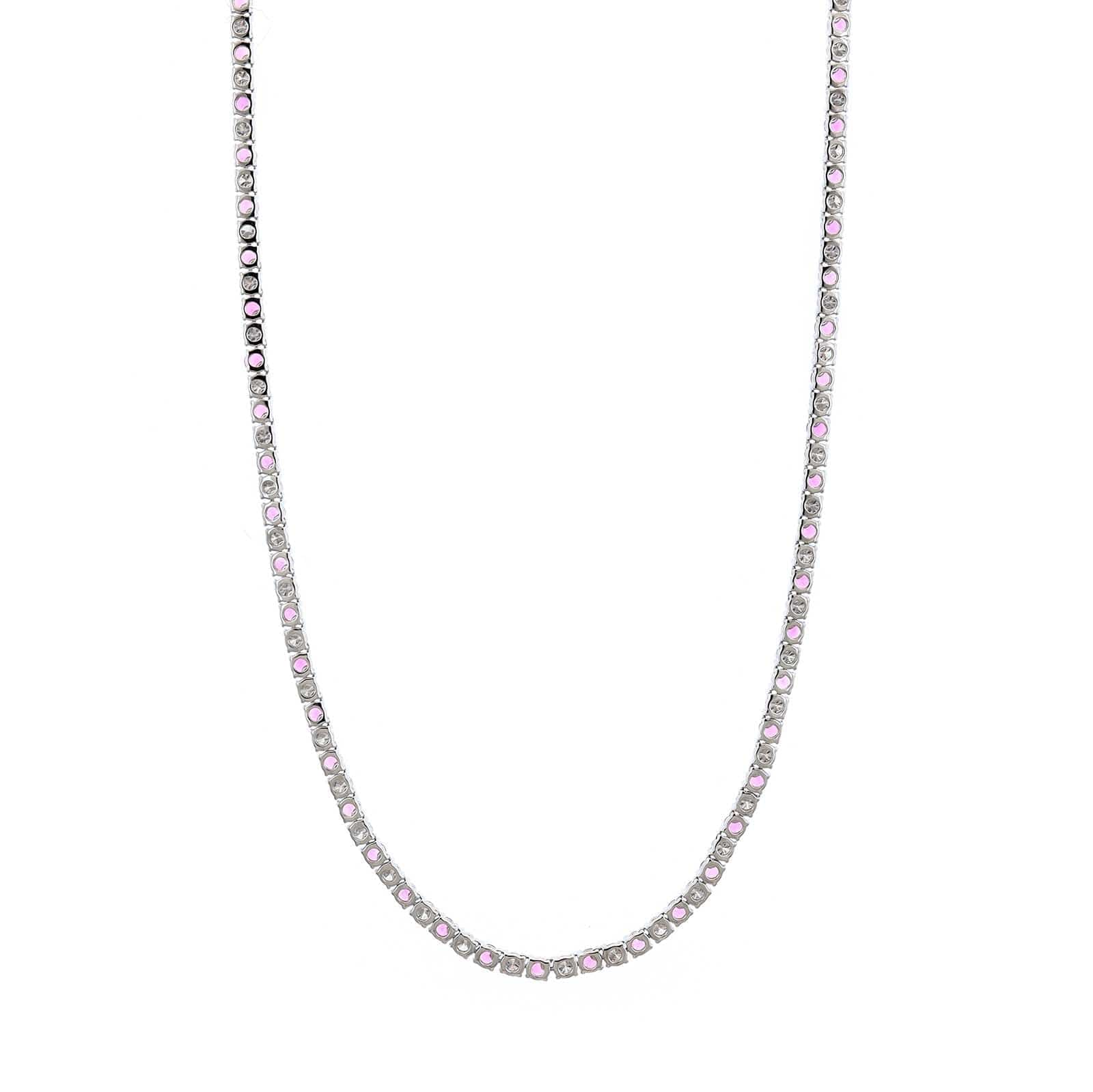18K White Gold Alternating Round Pink Sapphire and Diamond Tennis Necklace