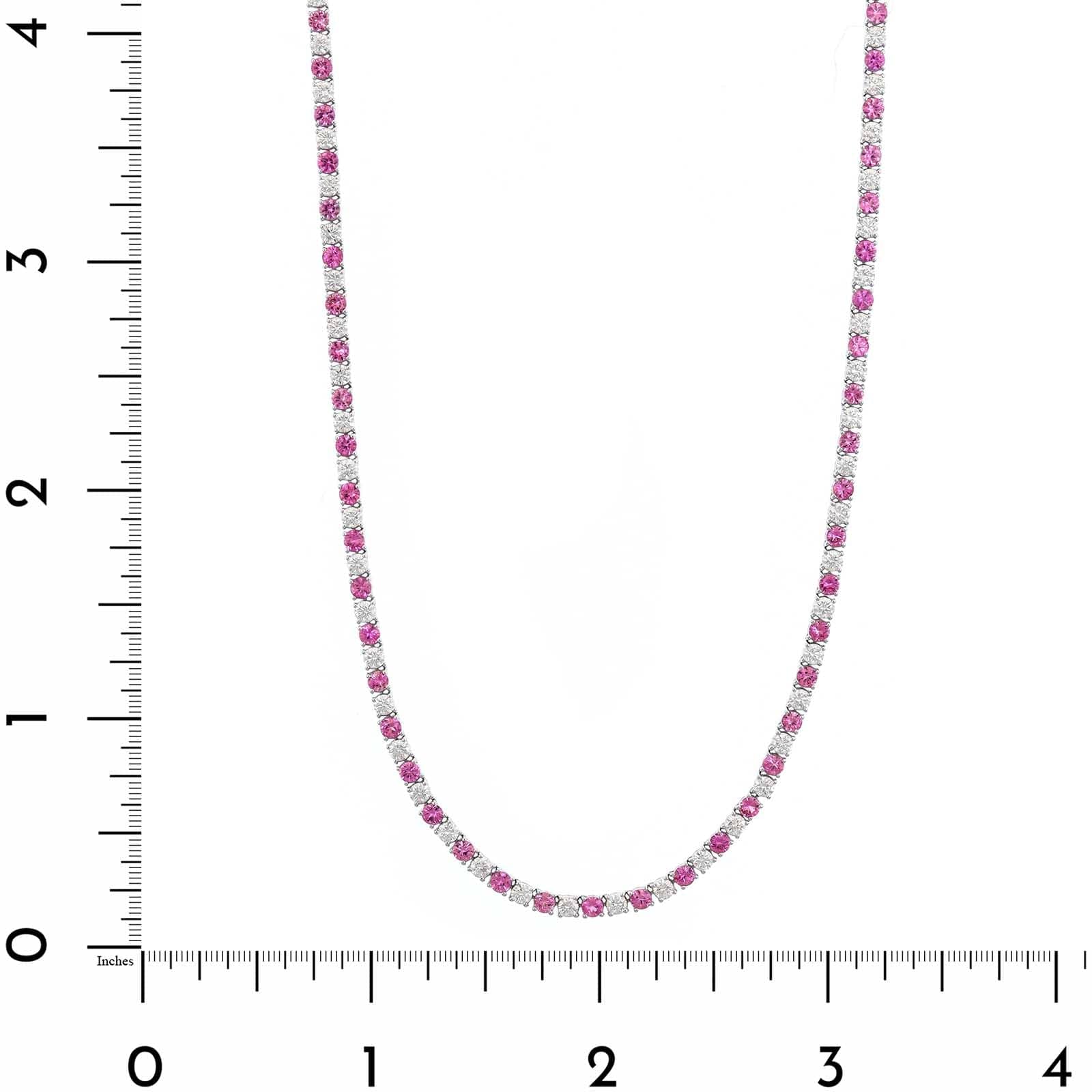 18K White Gold Alternating Round Pink Sapphire and Diamond Tennis Necklace
