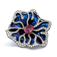 Eclat Jewels Titanium and 18K Yellow Gold Pink Sapphire and Diamond Rose Flower Brooch