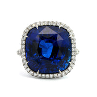 Platinum Cushion Cut Sapphire and Diamond Halo Ring