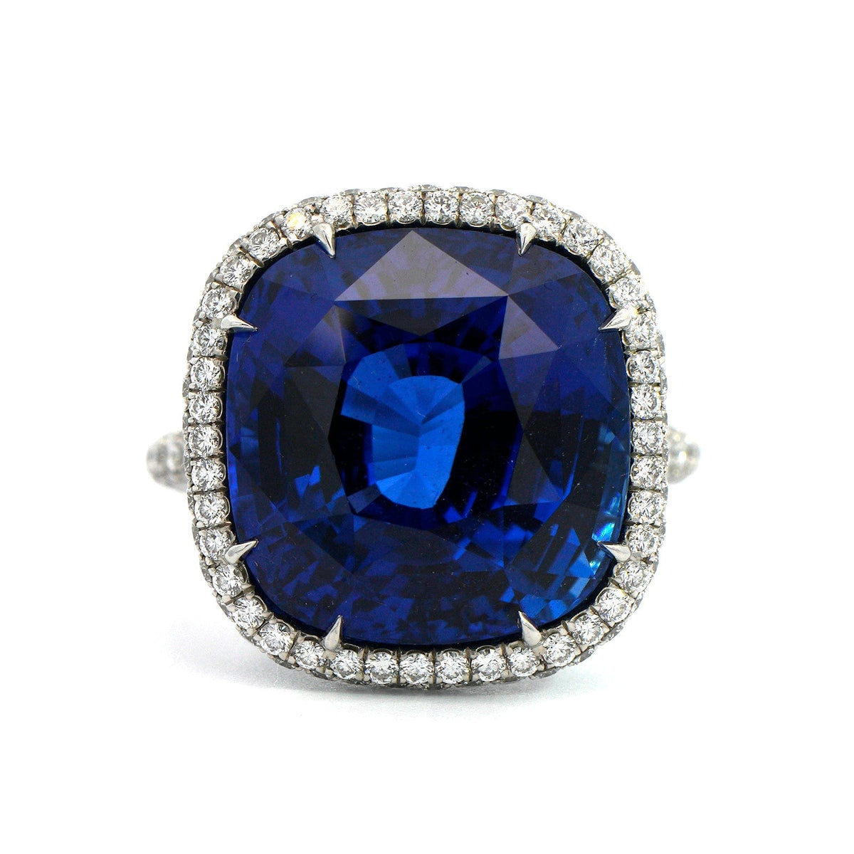 Platinum Cushion Cut Sapphire and Diamond Halo Ring