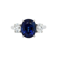 Platinum 3 Stone Oval Blue Sapphire and Diamond Ring