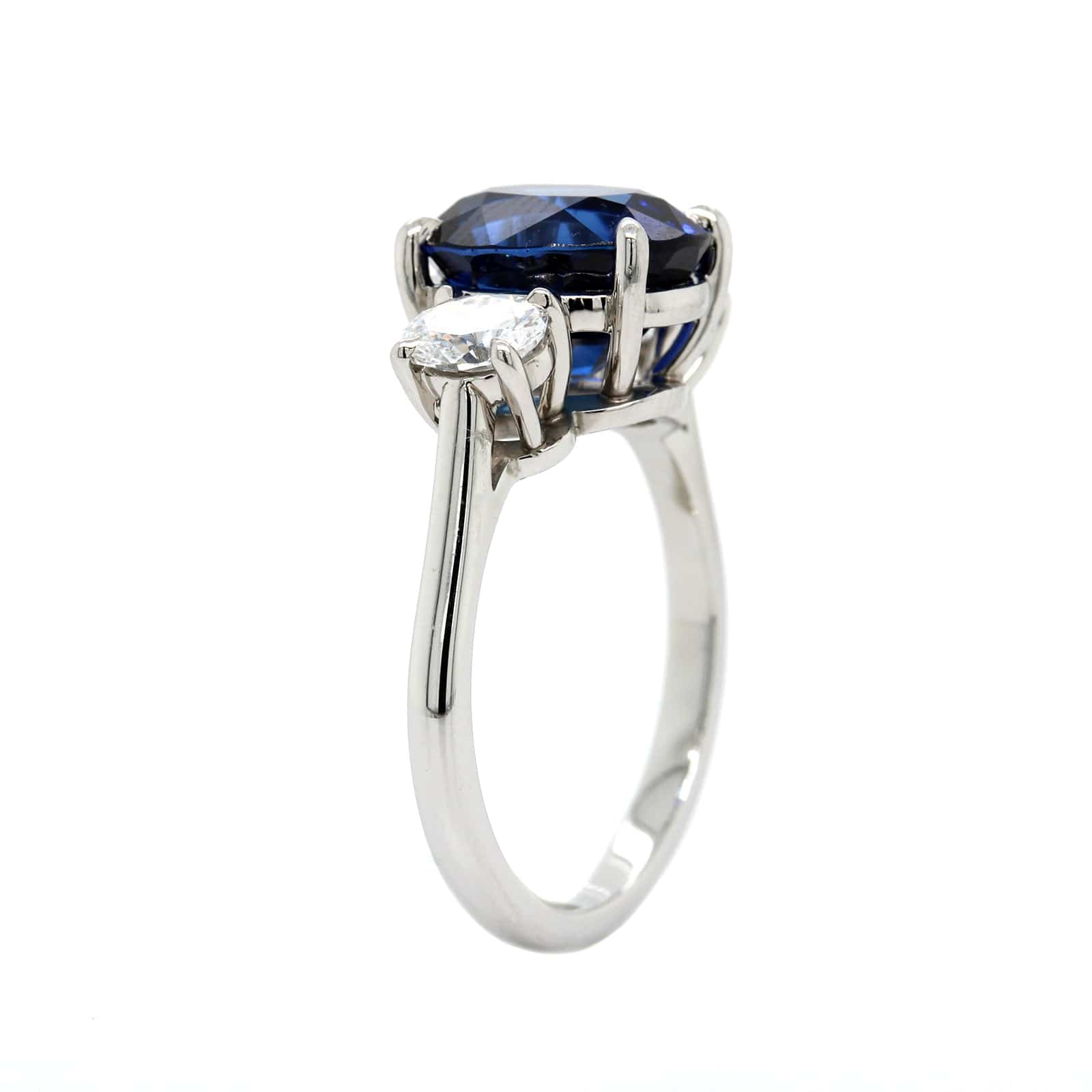 Platinum 3 Stone Oval Blue Sapphire and Diamond Ring