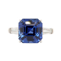 Platinum Octagonal Cut Sapphire and Diamond 3 Stone Ring