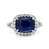 Platinum Cushion Cut Blue Sapphire and Diamond Ring