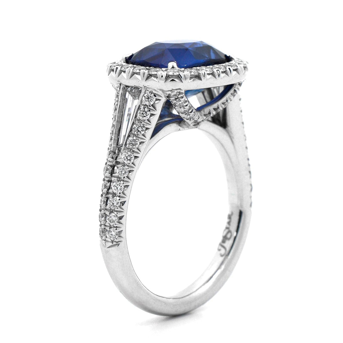 Platinum Cushion Cut Blue Sapphire and Diamond Ring