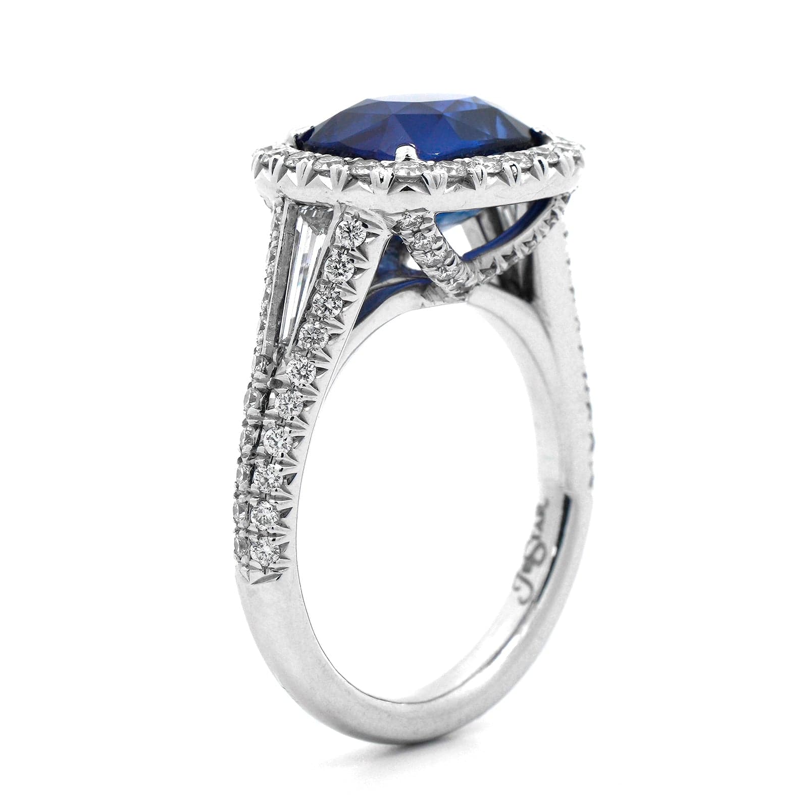 Platinum Cushion Cut Blue Sapphire and Diamond Ring