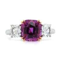 Platinum Cushion Pink Sapphire and Diamond 3 Stone Ring