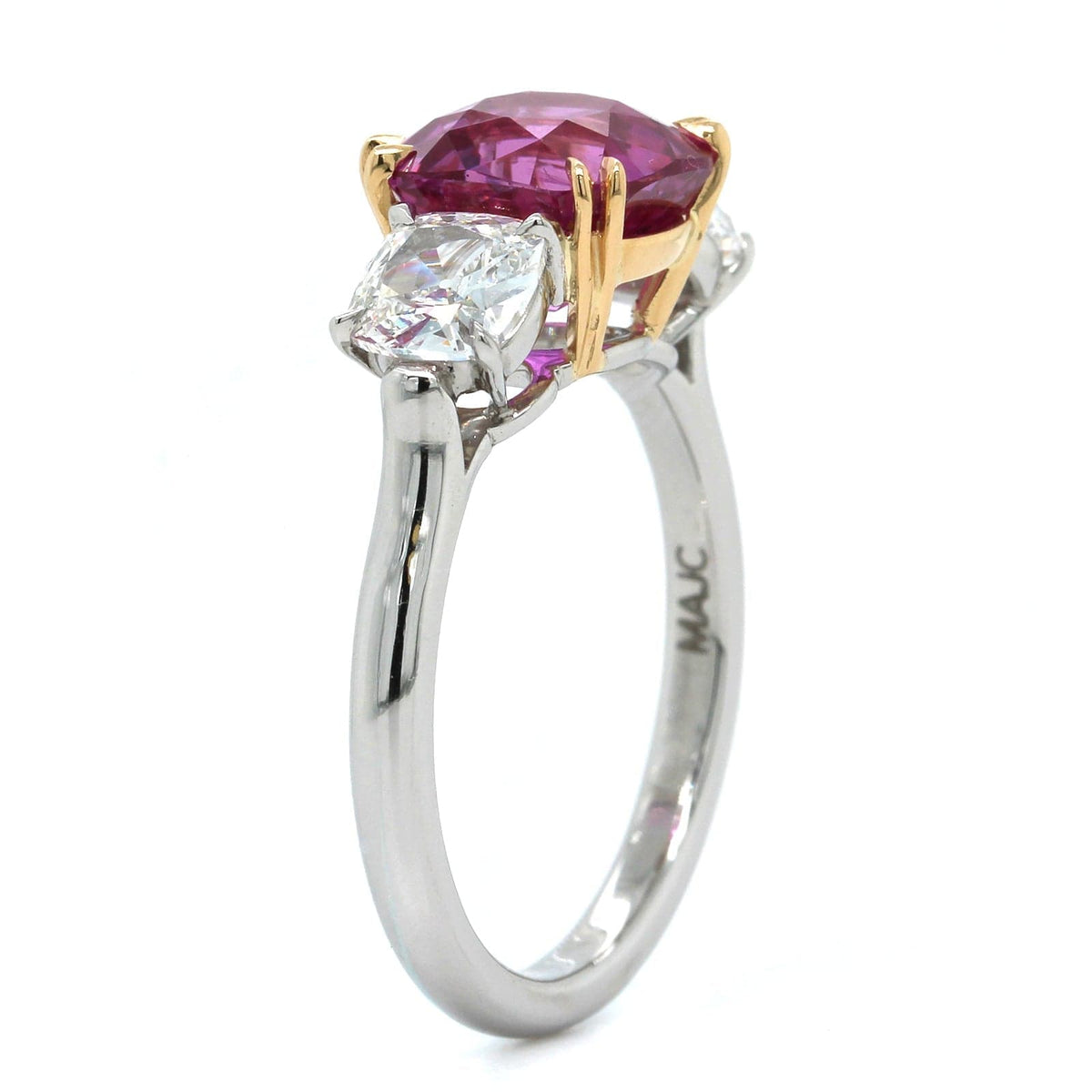 Platinum Cushion Pink Sapphire and Diamond 3 Stone Ring