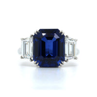Platinum Emerald Cut Sapphire and Diamond 3 Stone Ring