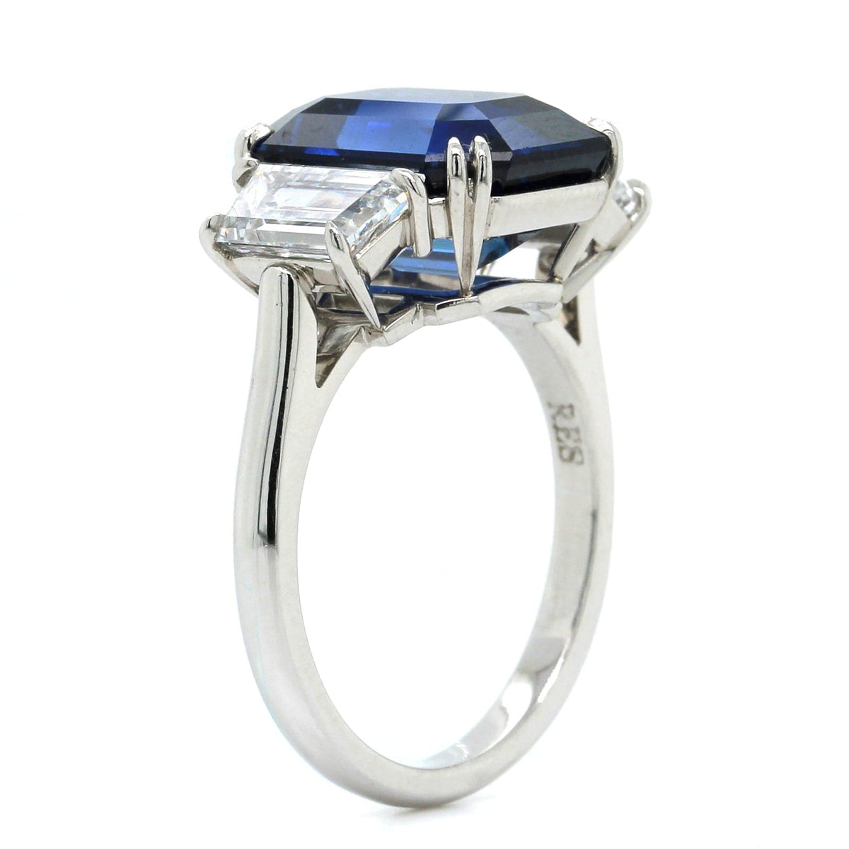 Platinum Emerald Cut Sapphire and Diamond 3 Stone Ring