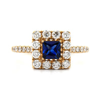 14K Yellow Gold Square Sapphire and Diamond Halo Ring