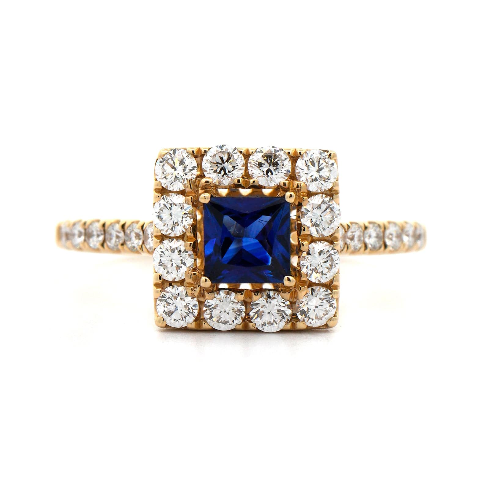 14K Yellow Gold Square Sapphire and Diamond Halo Ring