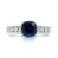 Platinum Cushion Sapphire and Channel Set Diamond Ring