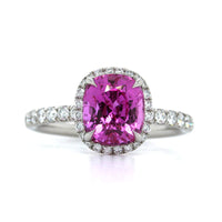 Platinum Cushion Pink Sapphire and Diamond Halo Ring