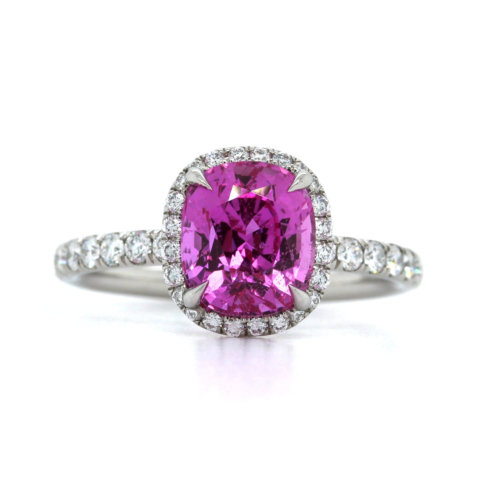 Platinum Cushion Pink Sapphire and Diamond Halo Ring