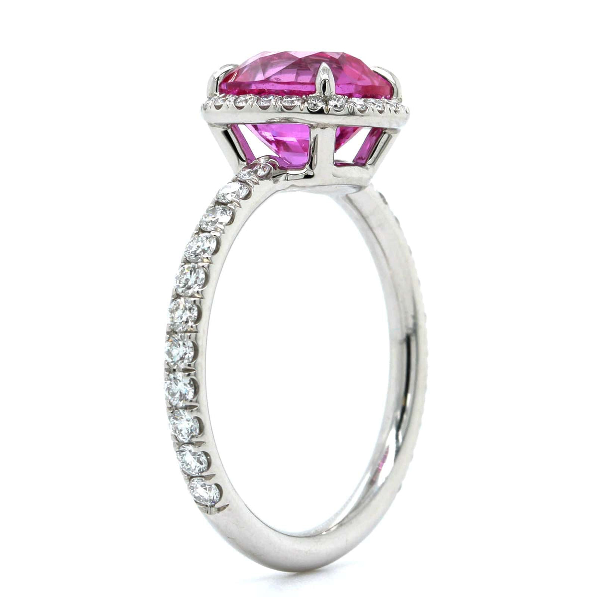 Platinum Cushion Pink Sapphire and Diamond Halo Ring