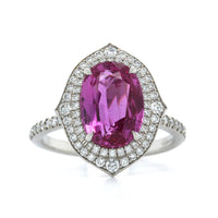 Platinum Oval Pink Sapphire and Diamond Halo Ring