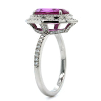 Platinum Oval Pink Sapphire and Diamond Halo Ring