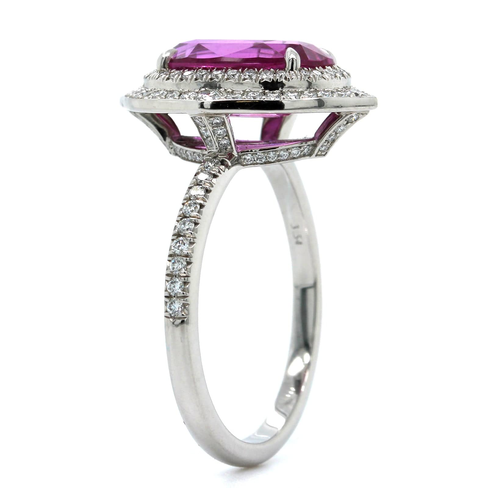 Platinum Oval Pink Sapphire and Diamond Halo Ring