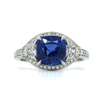 Platinum Blue Sapphire and Diamond Halo Ring