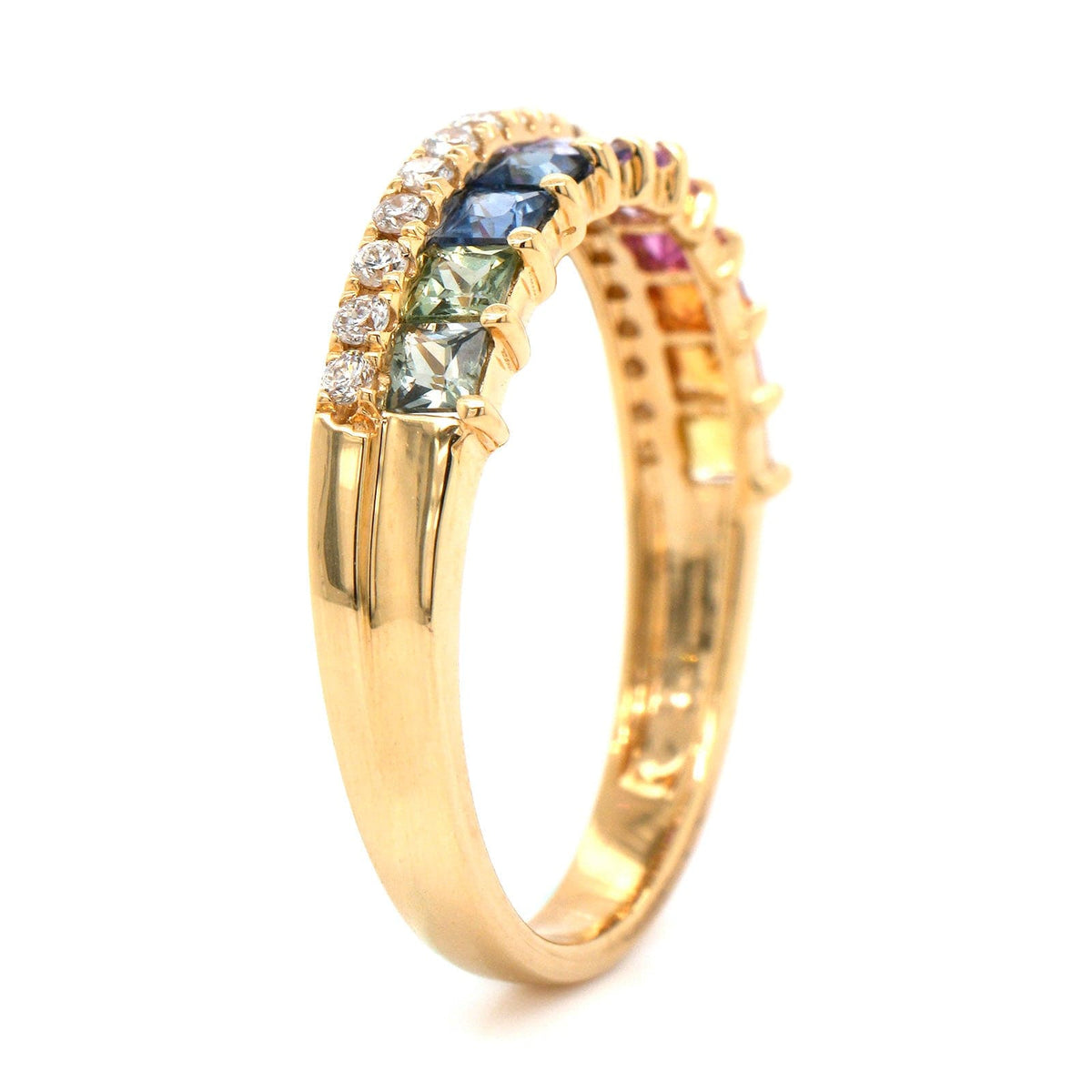 18K Yellow Gold Multi-Color Sapphire 2 Row Diamond Ring