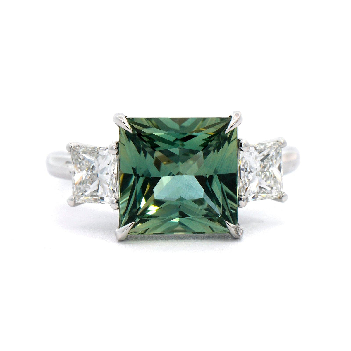 Platinum Square Teal Sapphire 3 Stone Diamond Ring