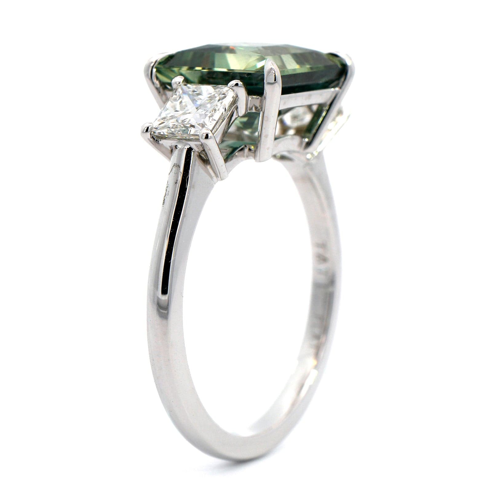 Platinum Square Teal Sapphire 3 Stone Diamond Ring