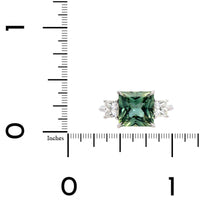 Platinum Square Teal Sapphire 3 Stone Diamond Ring