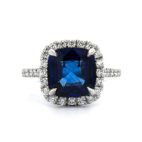 Platinum Cushion Cut Sapphire and Diamond Ring