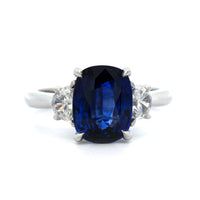 Platinum Cushion Sapphire and Half Moon Diamond Ring