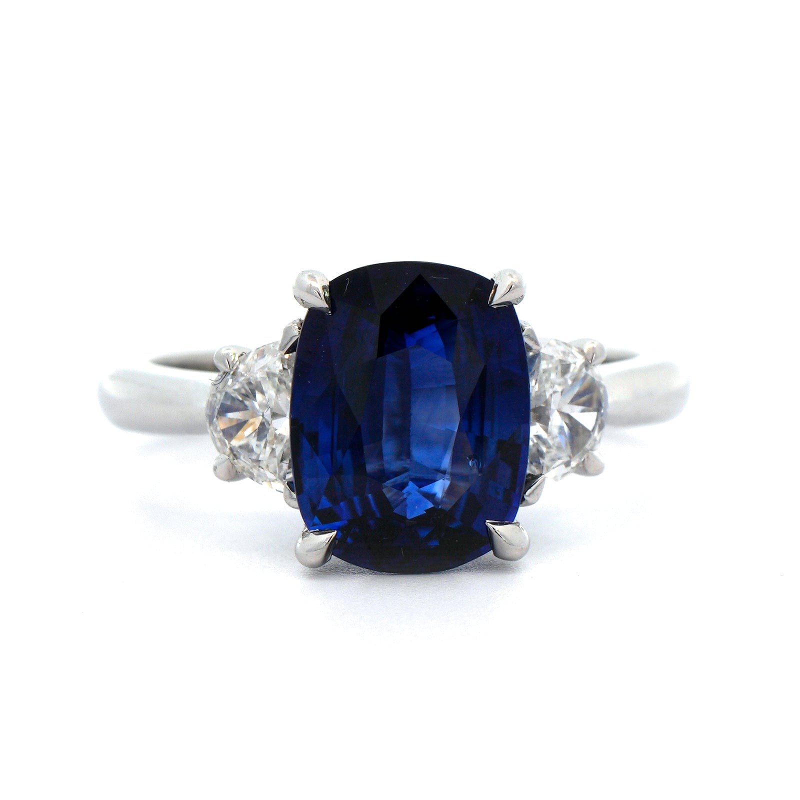 Platinum Cushion Sapphire and Half Moon Diamond Ring