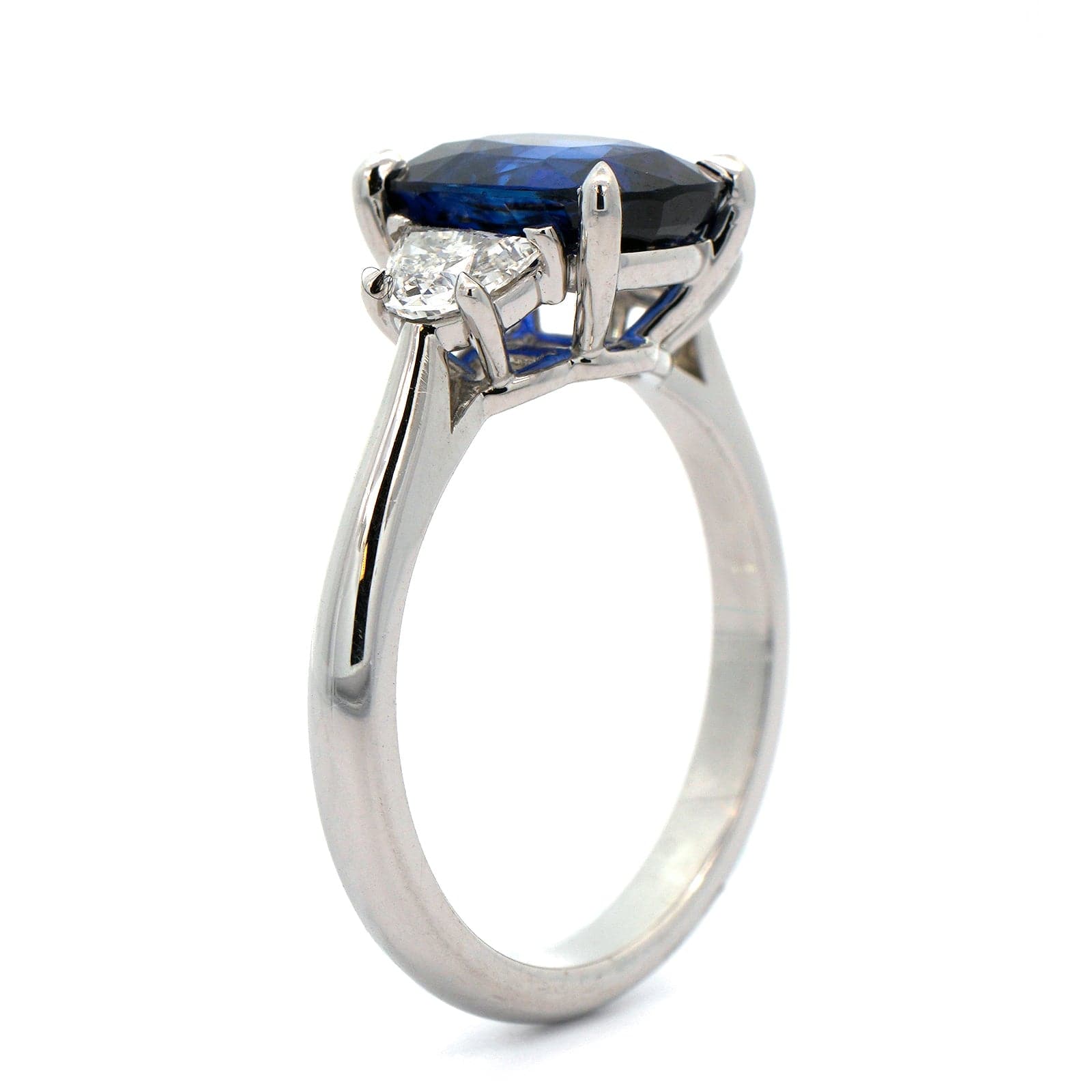 Platinum Cushion Sapphire and Half Moon Diamond Ring