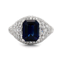 18K White Gold Emerald Cut Sapphire and Pave Diamond Ring