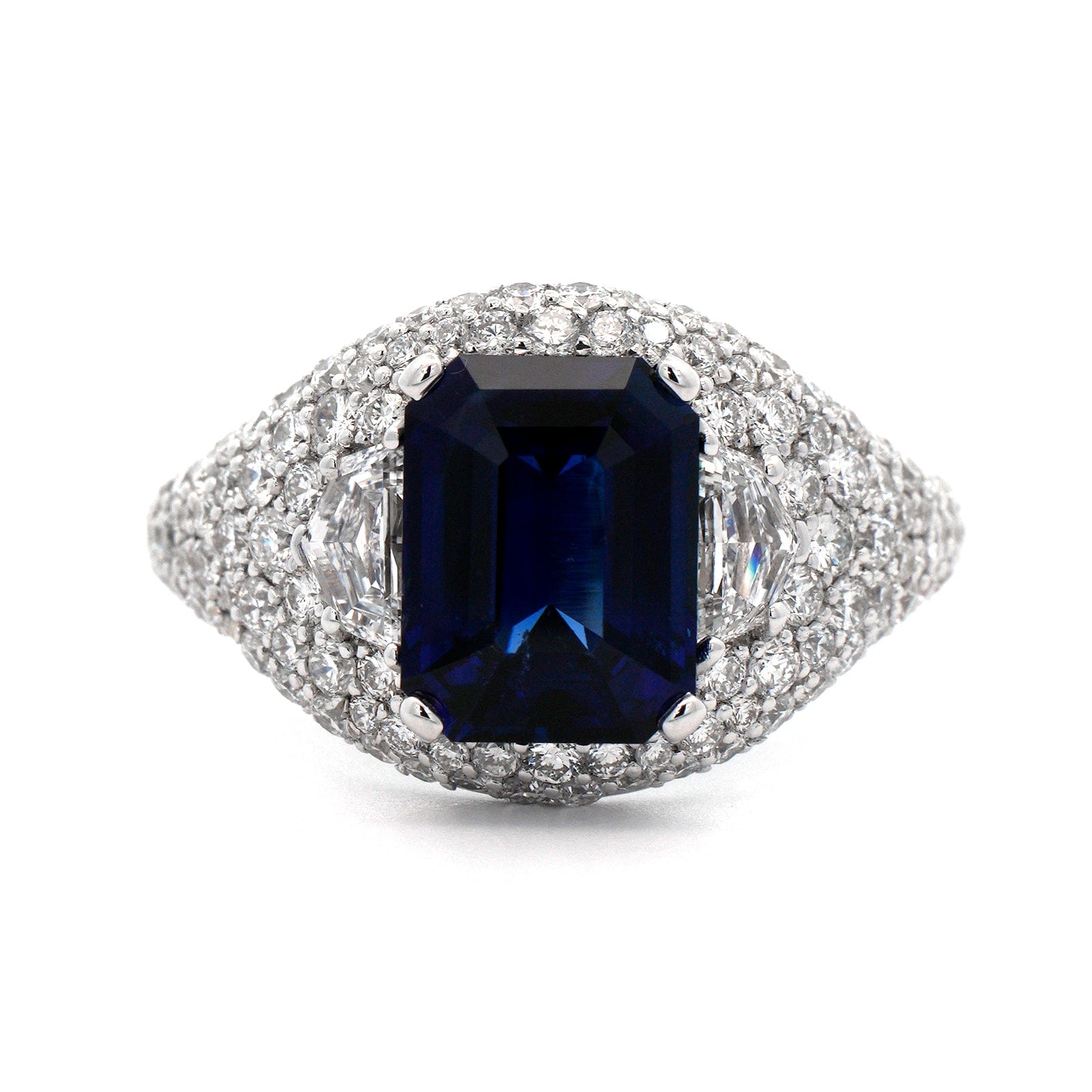 18K White Gold Emerald Cut Sapphire and Pave Diamond Ring