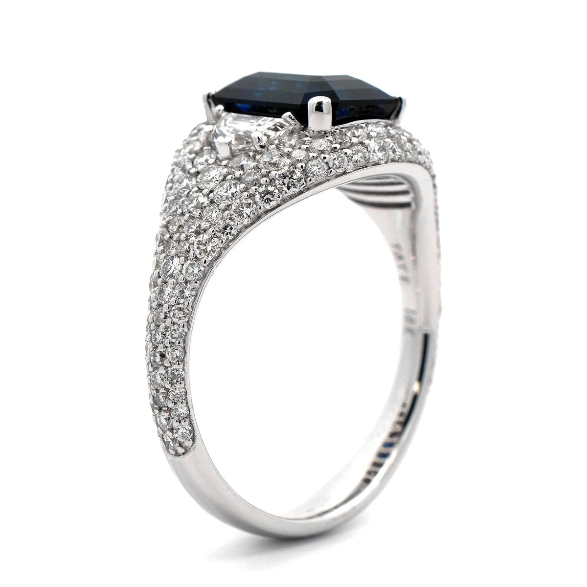 18K White Gold Emerald Cut Sapphire and Pave Diamond Ring